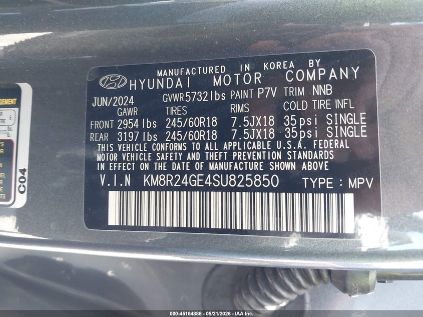 2025 Hyundai Palisade VIN KM8R24GE4SU825850 IAAI salvage auction — LEFT SIDE, Salvage (California), sold $16,100 on 2026-07-09 (photo 9)