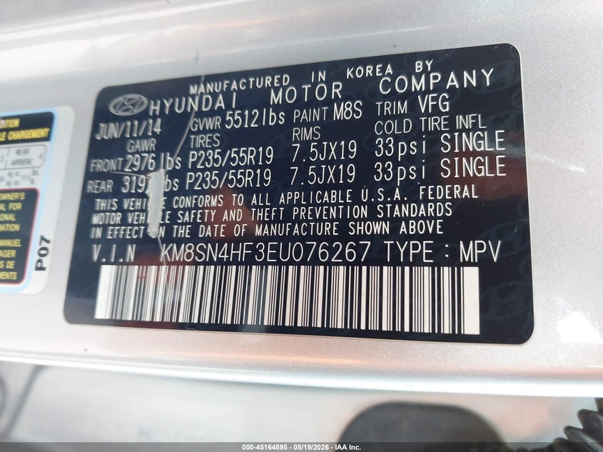 2014 Hyundai Santa fe VIN KM8SN4HF3EU076267 IAAI salvage auction — REAR END, Prior Salvage (Minnesota), sold $1,700 on 2026-07-20 (photo 9)
