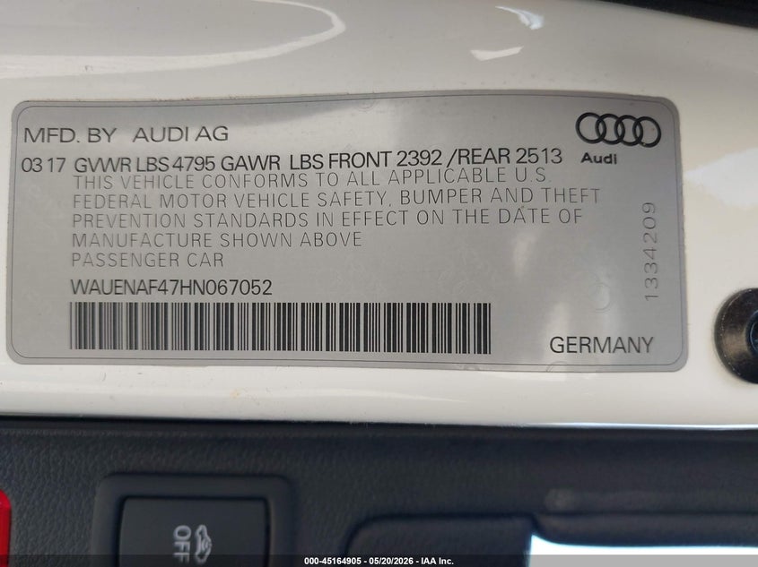 2017 Audi A4 VIN WAUENAF47HN067052 IAAI salvage auction — FRONT END, Salvage (Wyoming), sold $7,300 on 2026-07-08 (photo 9)