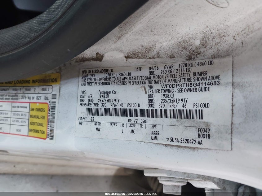 2016 Ford Focus rs VIN WF0DP3TH8G4114683 IAAI salvage auction — FRONT END, Salvage (California), sold $6,300 on 2026-07-23 (photo 9)