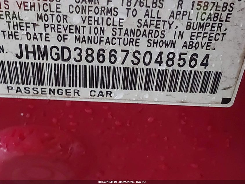 2007 Honda Fit VIN JHMGD38667S048564 IAAI salvage auction — REAR END, Original (Texas), sold $750 on 2026-07-10 (photo 9)