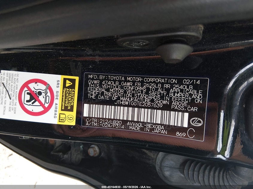2014 Lexus ES VIN JTHBW1GG1E2057639 IAAI salvage auction — SIDE, Salvage (Illinois), sold $250 on 2026-07-29 (photo 9)