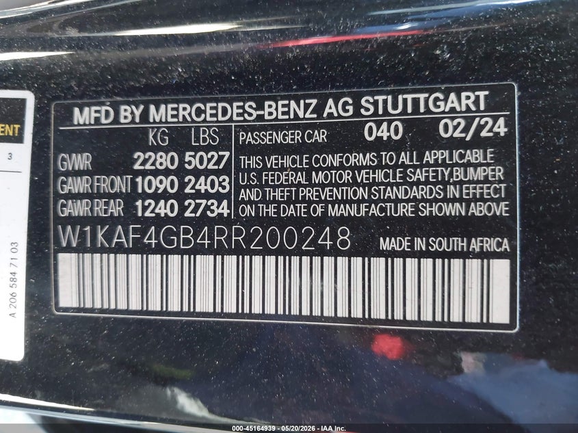 2024 Mercedes-benz C-klasse VIN W1KAF4GB4RR200248 IAAI salvage auction — REAR END, Salvage (California), sold $6,200 on 2026-07-22 (photo 9)