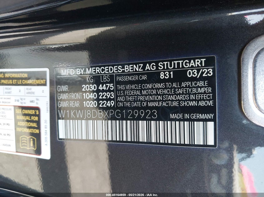 2023 Mercedes-benz C-klasse VIN W1KWJ8DBXPG129923 IAAI salvage auction — LEFT FRONT, Salvage Title, sold $21,075 on 2026-07-17 (photo 9)