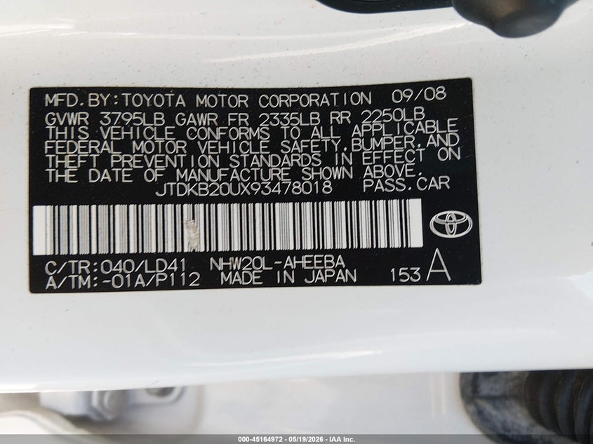 2009 Toyota Prius VIN JTDKB20UX93478018 IAAI salvage auction — FRONT END, Salvage (North Carolina), sold $425 on 2026-07-20 (photo 9)