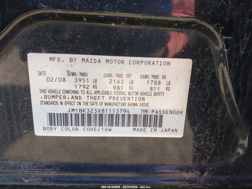 2008 Mazda 3 VIN JM1BK323X81113794 IAAI salvage auction — LEFT SIDE, Salvage (Iowa), sold $375 on 2026-07-06 (photo 9)