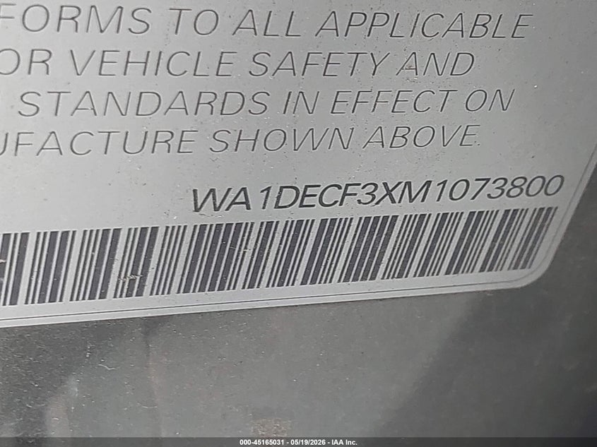 2021 Audi Q3 VIN WA1DECF3XM1073800 IAAI salvage auction — SIDE, Original (Texas), sold $800 on 2026-07-28 (photo 9)