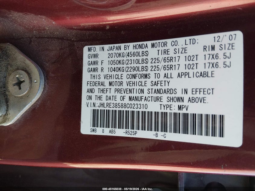 2008 Honda Cr-v VIN JHLRE38588C023310 IAAI salvage auction — NORMAL WEAR, Salvage (Arizona), sold $250 on 2026-07-09 (photo 9)