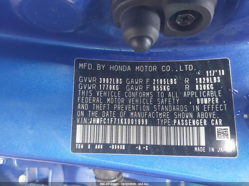 2019 Honda Civic VIN JHMFC1F71KX001999 IAAI salvage auction — HAIL, Salvage Title, sold $25 on 2026-08-01 (photo 9)