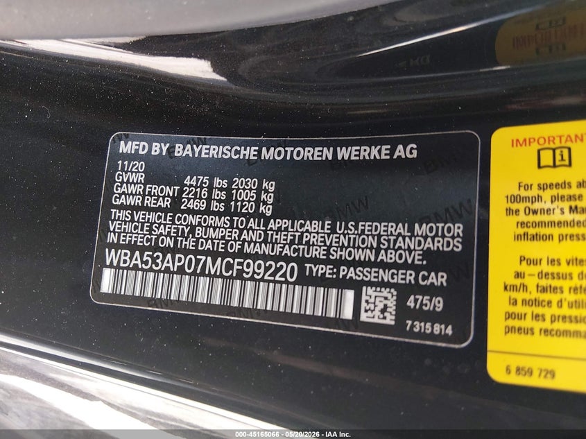 2021 BMW 4er VIN WBA53AP07MCF99220 IAAI salvage auction — RIGHT FRONT, Rebuildable (Florida), sold $14,975 on 2026-07-13 (photo 9)