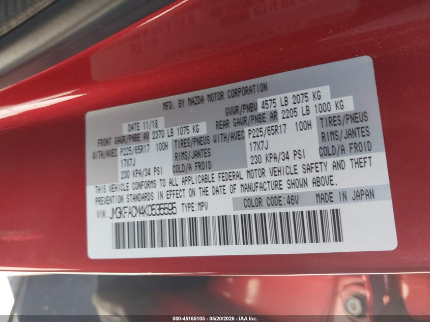 2019 Mazda Cx-5 VIN JM3KFACM4K0535595 IAAI salvage auction — RIGHT FRONT, Salvage (California), sold $2,350 on 2026-07-08 (photo 9)