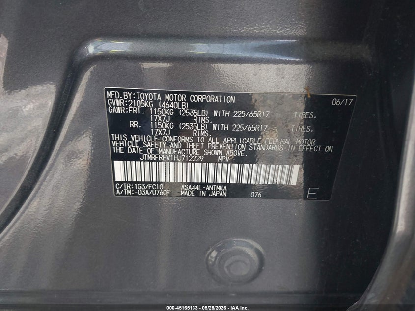 2017 Toyota Rav 4 VIN JTMRFREV1HJ712229 IAAI salvage auction — NORMAL WEAR, Clear (Georgia), sold $5,600 on 2026-07-13 (photo 9)