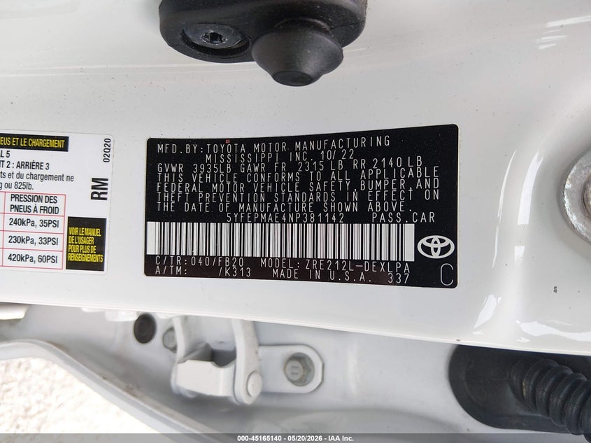 2022 Toyota Corolla VIN 5YFEPMAE4NP381142 IAAI salvage auction — FRONT END, Salvage (Louisiana), sold $4,550 on 2026-07-18 (photo 9)