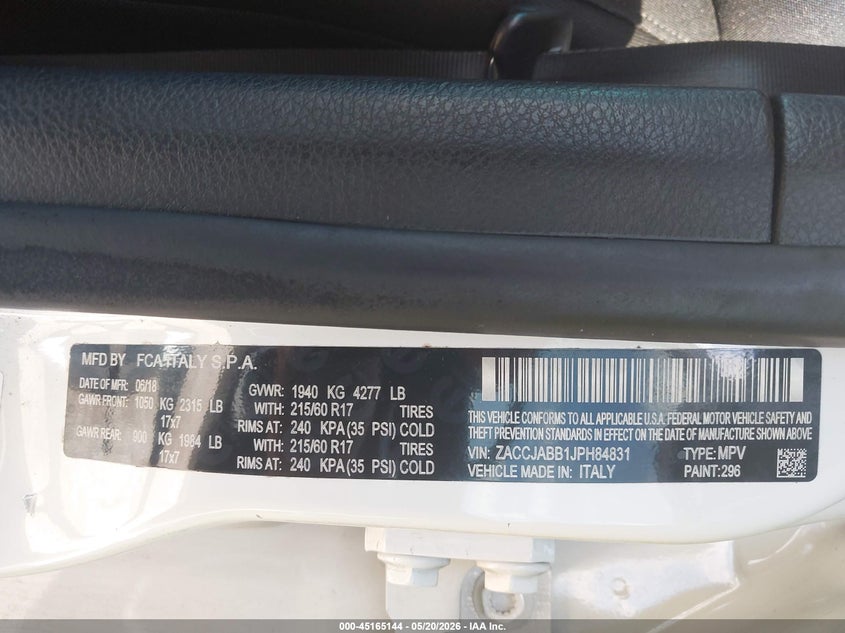 2018 Jeep Renegade VIN ZACCJABB1JPH84831 IAAI salvage auction — FRONT END, Original (Texas), sold $1,600 on 2026-07-29 (photo 9)