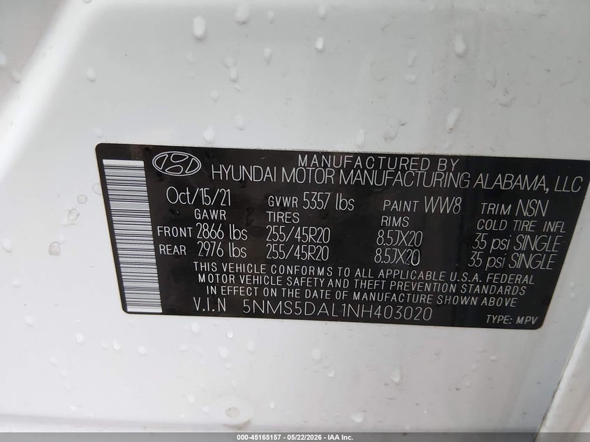 2022 Hyundai Santa fe VIN 5NMS5DAL1NH403020 IAAI salvage auction — RIGHT FRONT, Salvage (Virginia), sold $10,725 on 2026-07-31 (photo 9)