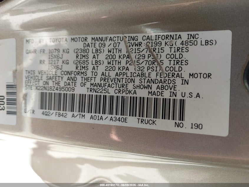 2008 Toyota Tacoma VIN 5TETX22N18Z495009 IAAI salvage auction — FRONT END, Salvage (California), sold $2,350 on 2026-07-13 (photo 9)