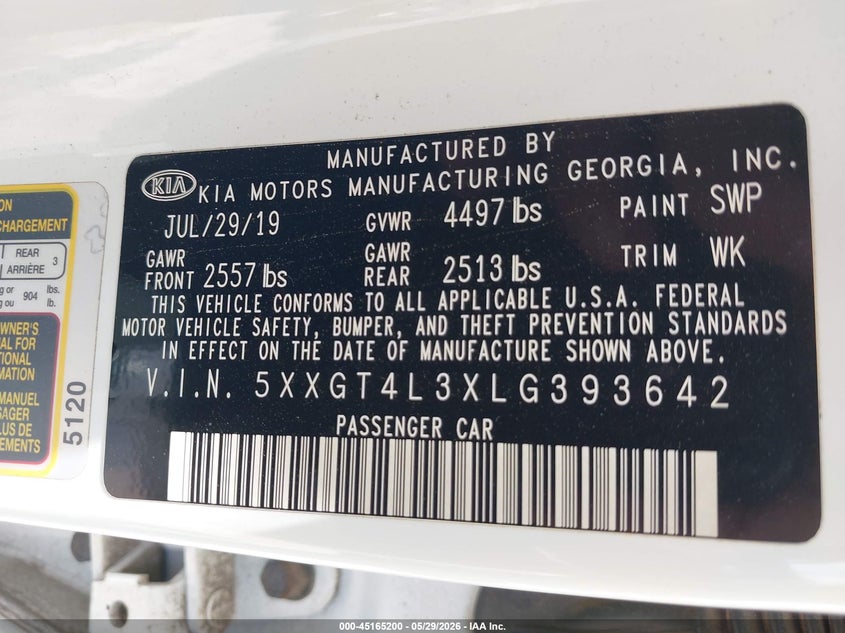2020 Kia Optima VIN 5XXGT4L3XLG393642 IAAI salvage auction — REAR END, Salvage Title, sold $3,050 on 2026-07-22 (photo 9)