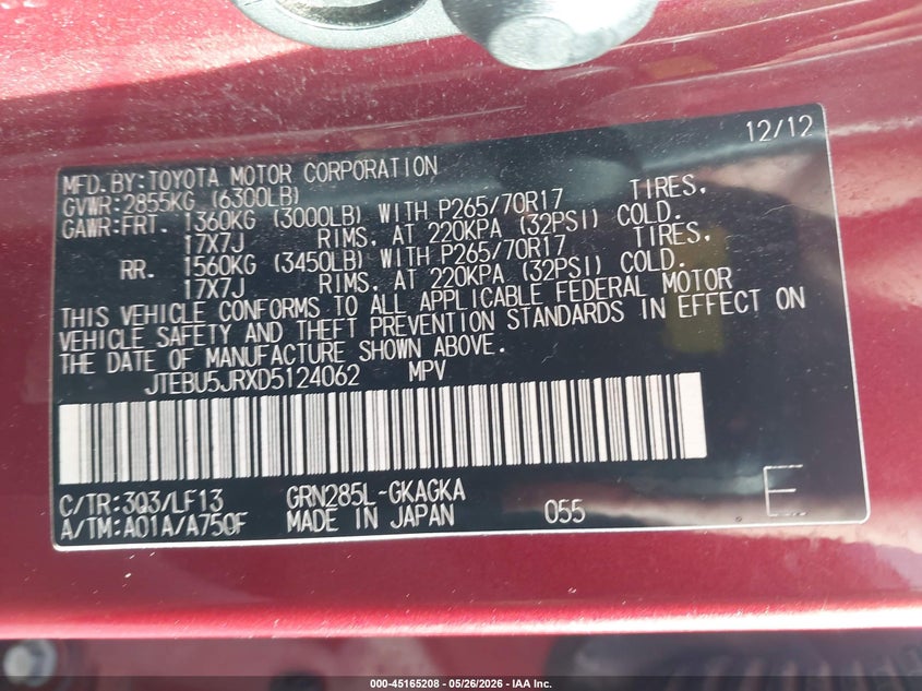 2013 Toyota 4runner VIN JTEBU5JRXD5124062 IAAI salvage auction — HAIL, Clear (Missouri), sold $8,150 on 2026-07-06 (photo 9)