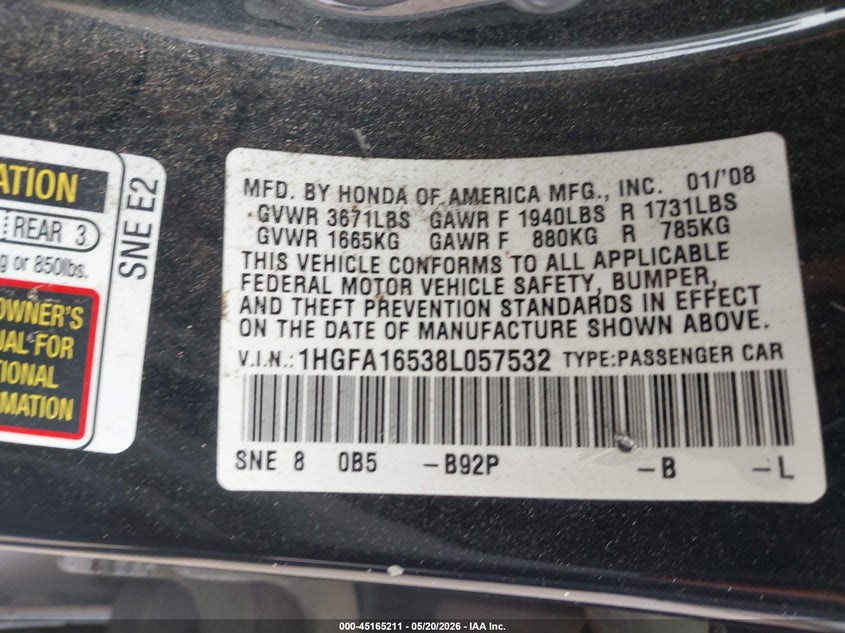 2008 Honda Civic VIN 1HGFA16538L057532 IAAI salvage auction — REAR END, Salvage (Texas), sold $800 on 2026-07-05 (photo 9)