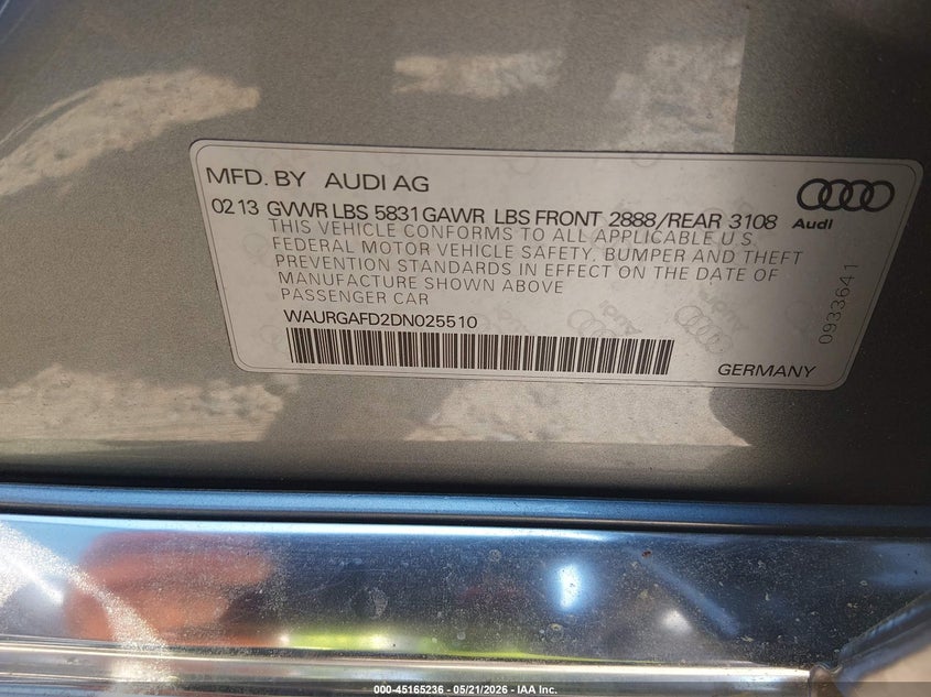 2013 Audi A8 VIN WAURGAFD2DN025510 IAAI salvage auction — RIGHT FRONT, Salvage (North Carolina), sold $1,650 on 2026-07-13 (photo 9)