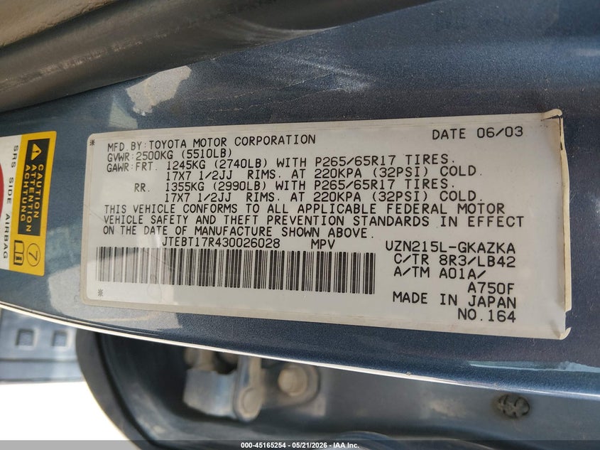 2003 Toyota 4runner VIN JTEBT17R430026028 IAAI salvage auction — RIGHT FRONT, Salvage (Colorado), sold $2,300 on 2026-07-10 (photo 9)
