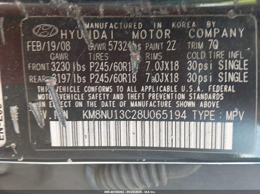 2008 Hyundai Veracruz VIN KM8NU13C28U065194 IAAI salvage auction — FRONT END, Salvage (Alabama), sold $100 on 2026-07-21 (photo 9)