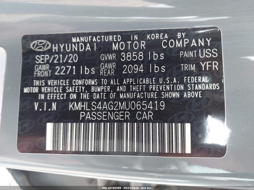 2021 Hyundai Elantra VIN KMHLS4AG2MU065419 IAAI salvage auction — REAR END, Original (Texas), sold $25 on 2026-07-29 (photo 9)