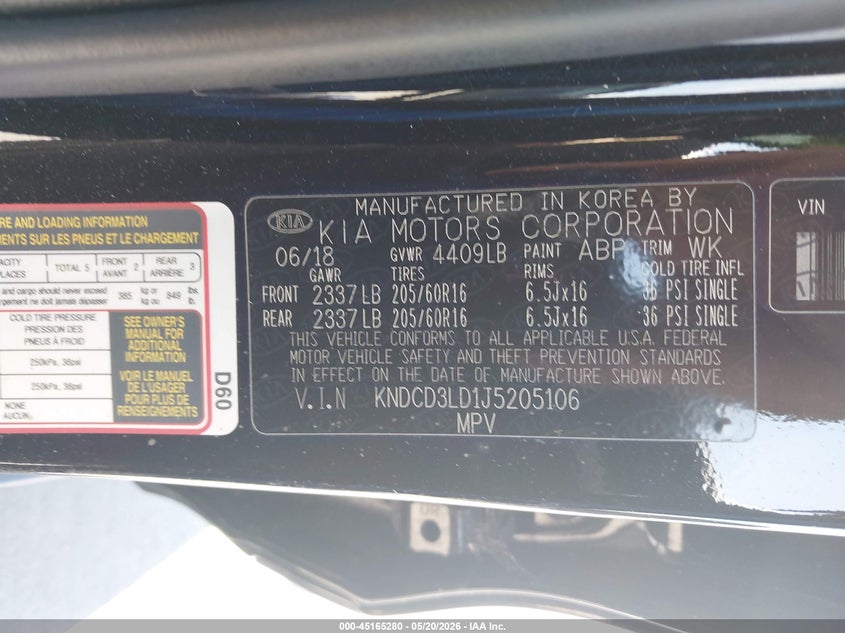 2018 Kia Niro VIN KNDCD3LD1J5205106 IAAI salvage auction — NORMAL WEAR, Salvage (California), sold $1,350 on 2026-07-29 (photo 9)