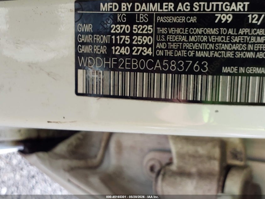 2012 Mercedes-benz VIN WDDHF2EB0CA583763 IAAI salvage auction — NORMAL WEAR, Salvage (Texas), sold $25 on 2026-08-18 (photo 9)