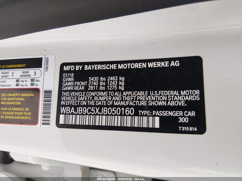 2018 BMW 5er VIN WBAJB9C5XJB050160 IAAI salvage auction — BIOHAZARD/CHEMICAL, Non-Repairable (Arizona), sold $8,500 on 2026-07-09 (photo 9)
