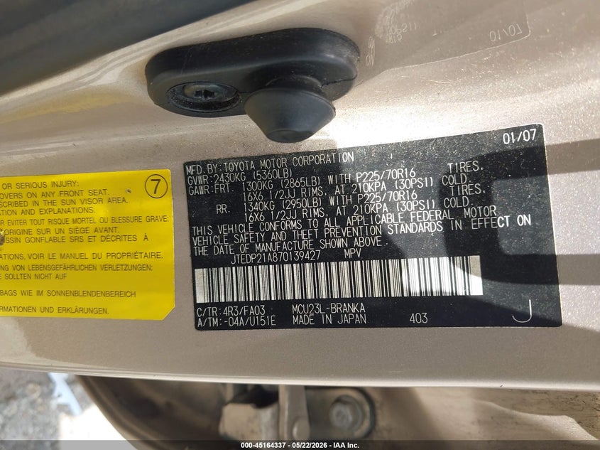 2007 Toyota Highlander VIN JTEDP21A870139427 IAAI salvage auction — RIGHT FRONT, Salvage (Texas), sold $800 on 2026-07-08 (photo 9)