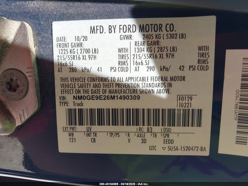 2021 Ford Transit connect VIN NM0GE9E26M1490309 IAAI salvage auction — NORMAL WEAR, Sf97 (Texas), sold $14,100 on 2026-07-07 (photo 9)
