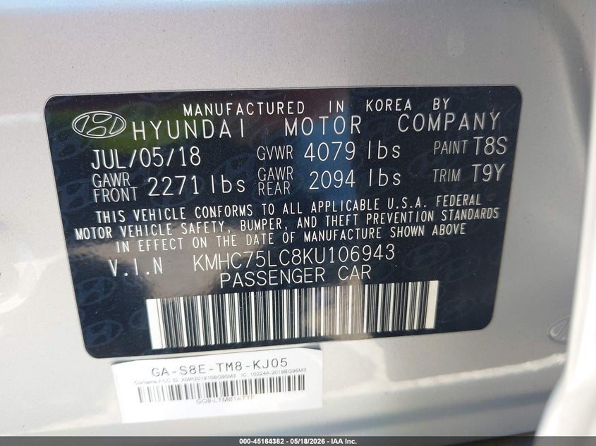 2019 Hyundai Ioniq VIN KMHC75LC8KU106943 IAAI salvage auction — NORMAL WEAR, Sf97 (Texas), sold $13,575 on 2026-07-07 (photo 9)