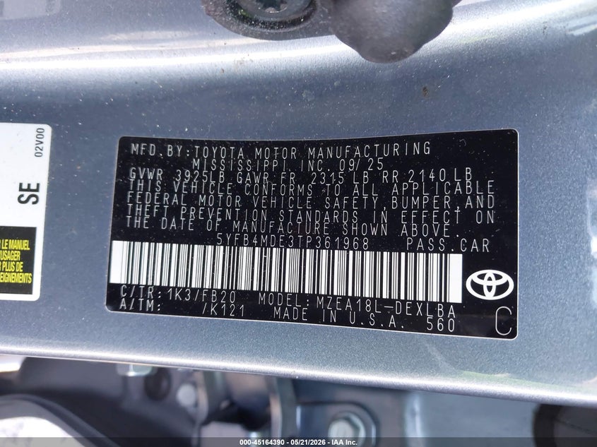 2026 Toyota Corolla VIN 5YFB4MDE3TP361968 IAAI salvage auction — FRONT END, Rebuildable (Florida), sold $6,725 on 2026-07-06 (photo 9)