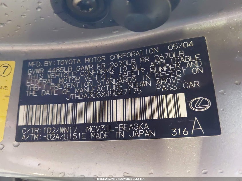 2004 Lexus ES VIN JTHBA30GX45047175 IAAI salvage auction — SIDE, Salvage (Idaho), sold $500 on 2026-07-29 (photo 9)
