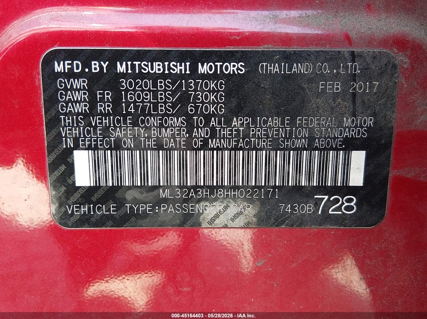 2017 Mitsubishi Mirage VIN ML32A3HJ8HH022171 IAAI salvage auction — LEFT REAR, Salvage (Oregon), sold $525 on 2026-07-06 (photo 9)