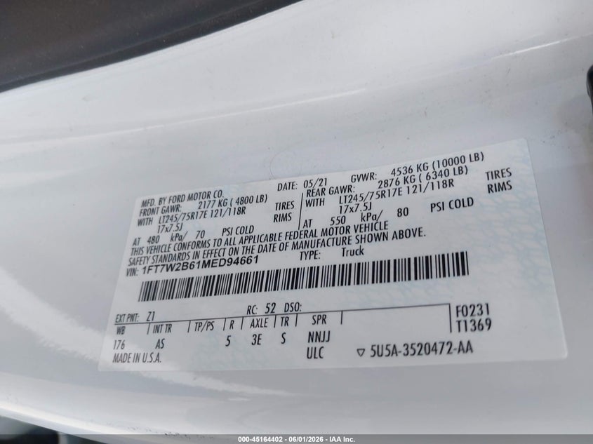 2021 Ford F250 VIN 1FT7W2B61MED94661 IAAI salvage auction — FRONT END, Salvage Title, sold $900 on 2026-07-09 (photo 9)