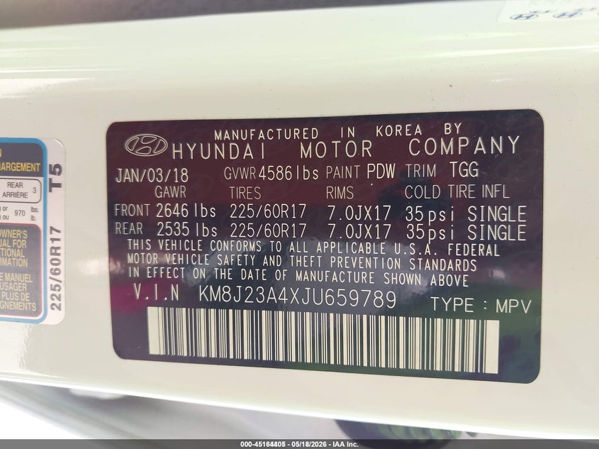 2018 Hyundai Tucson VIN KM8J23A4XJU659789 IAAI salvage auction — NORMAL WEAR, Sf97 (Texas), sold $13,325 on 2026-07-07 (photo 9)