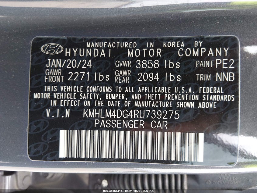 2024 Hyundai Elantra VIN KMHLM4DG4RU739275 IAAI salvage auction — RIGHT SIDE, Original (Texas), sold $7,750 on 2026-07-14 (photo 9)