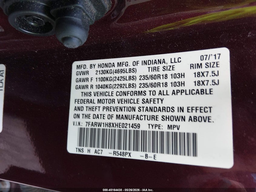 2017 Honda Cr-v VIN 7FARW1H8XHE021459 IAAI salvage auction — FRONT END, Clear (Oklahoma), sold $6,050 on 2026-07-15 (photo 9)