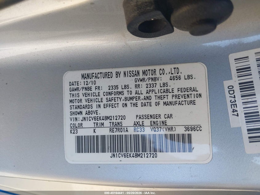 2011 Infiniti G37 VIN JN1CV6EK4BM212720 IAAI salvage auction — LEFT FRONT, Salvage (California), sold $400 on 2026-07-29 (photo 9)