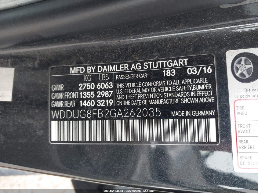 2016 Mercedes-benz S-klasse VIN WDDUG8FB2GA262035 IAAI salvage auction — RIGHT FRONT, Salvage Title, sold $4,850 on 2026-07-21 (photo 9)