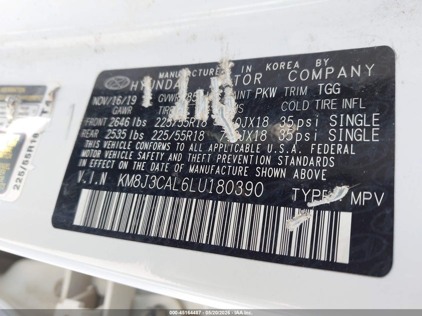 2020 Hyundai Tucson VIN KM8J3CAL6LU180390 IAAI salvage auction — ROOF, Salvage (Iowa), sold $2,275 on 2026-07-21 (photo 9)