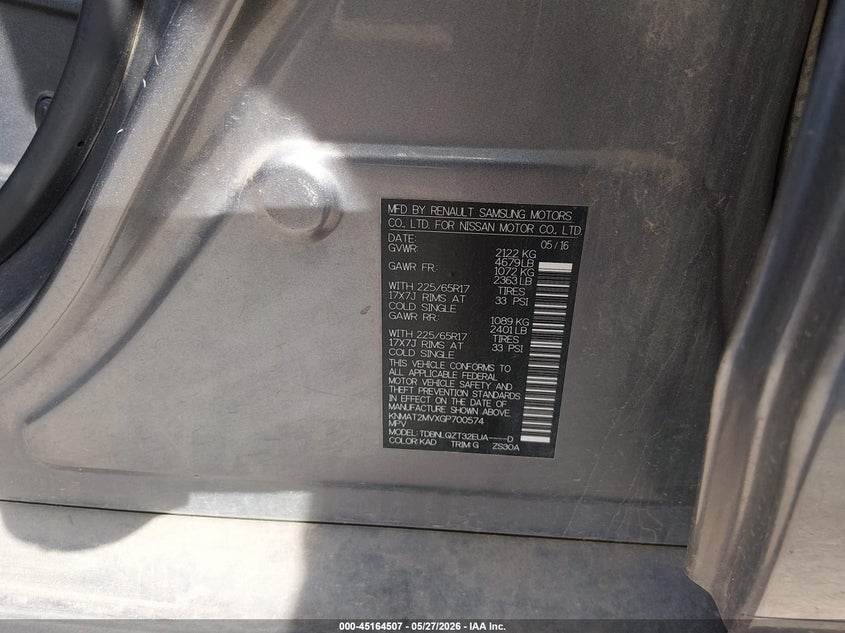2016 Nissan Rogue VIN KNMAT2MVXGP700574 IAAI salvage auction — RIGHT FRONT, Clear (Kansas), sold $1,725 on 2026-07-10 (photo 9)
