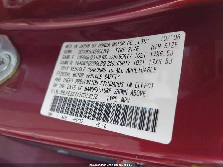 2007 Honda Cr-v VIN JHLRE387X7C013278 IAAI salvage auction — ROLLOVER, Salvage (Illinois), sold $700 on 2026-07-07 (photo 9)