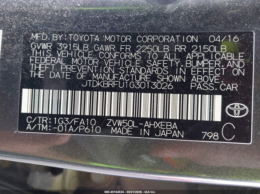 2016 Toyota Prius VIN JTDKBRFU1G3013026 IAAI salvage auction — FRONT END, Salvage (Illinois), sold $1,750 on 2026-07-21 (photo 9)