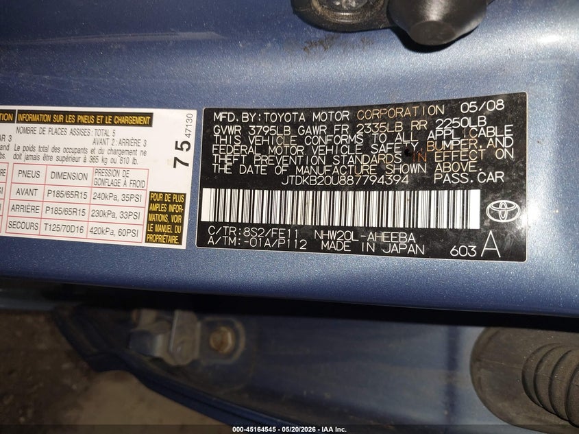 2008 Toyota Prius VIN JTDKB20U887794394 IAAI salvage auction — FRONT END, Salvage (North Dakota), sold $1,800 on 2026-07-16 (photo 9)