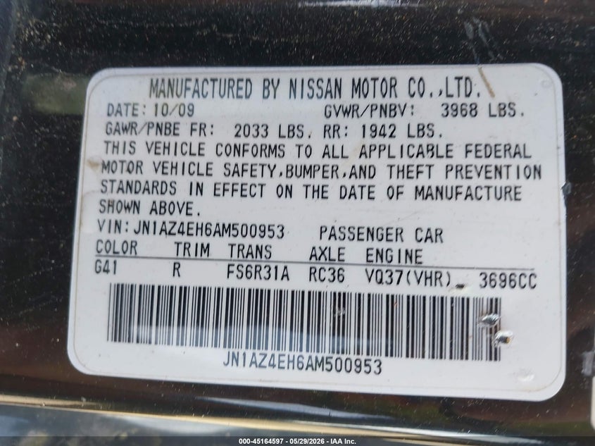 2010 Nissan 370z VIN JN1AZ4EH6AM500953 IAAI salvage auction — FRONT END, Junk Bill Of Sale Mv2459 (Wisconsin), sold $1,800 on 2026-07-30 (photo 9)