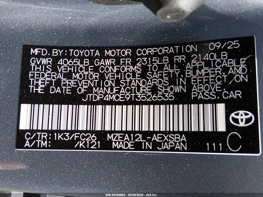 2026 Toyota Corolla VIN JTDP4MCE9T3526535 IAAI salvage auction — FRONT END, Salvage (Oregon), sold $8,400 on 2026-07-27 (photo 9)