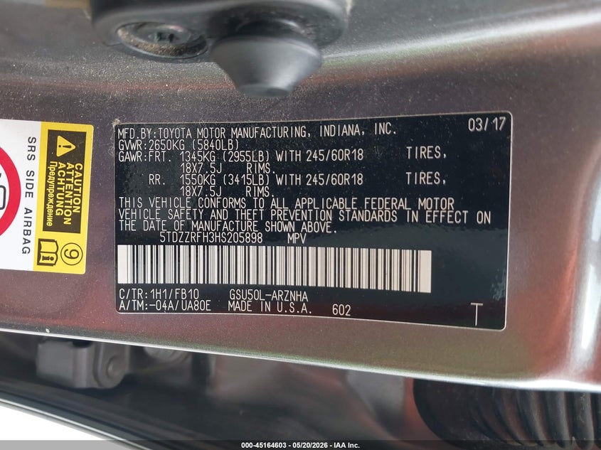2017 Toyota Highlander VIN 5TDZZRFH3HS205898 IAAI salvage auction — FRONT END, Original (Texas), sold $5,450 on 2026-07-30 (photo 9)